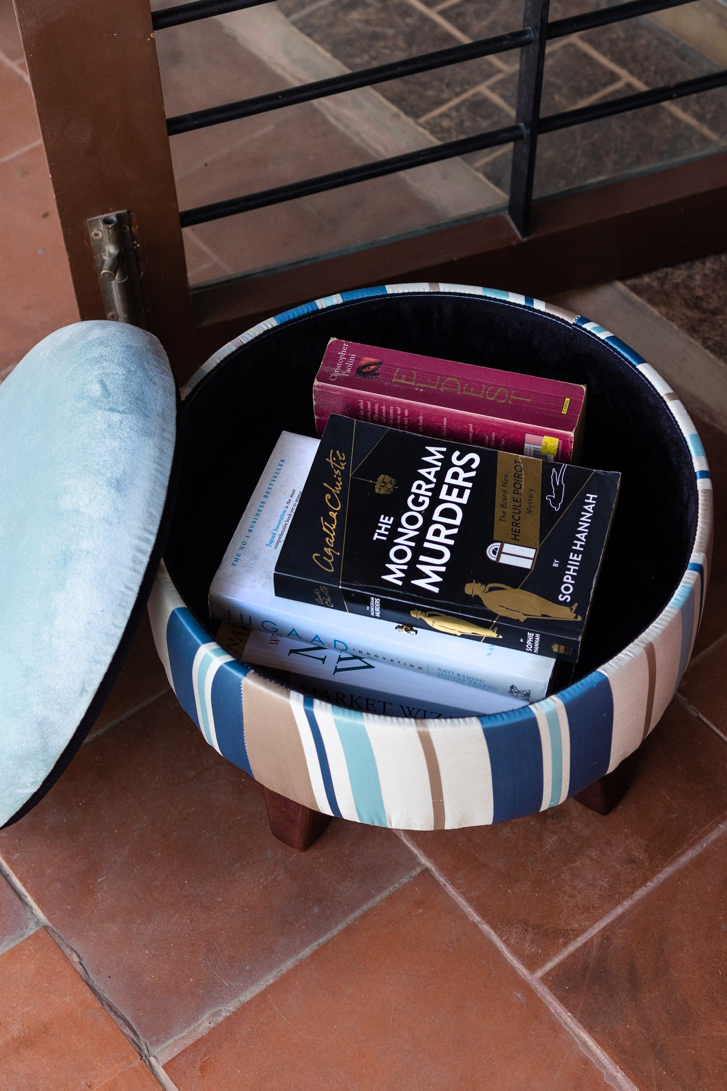 Round striped storage ottoman