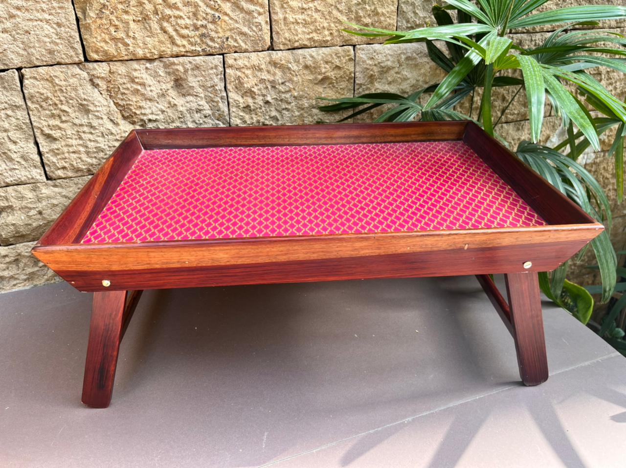 Red Inlay Design Angular Folding Wooden Bedside Table